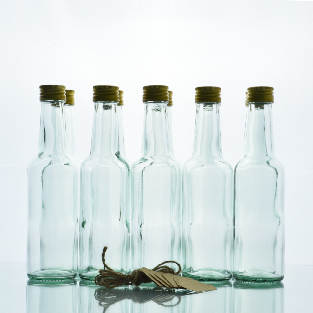10 x Gradhalsflasche 250 ml ml inkl. 28 mm Verschraubung GOLD und Etiketten - BUNDSGRAD001 - 01 - Flaschenbauer