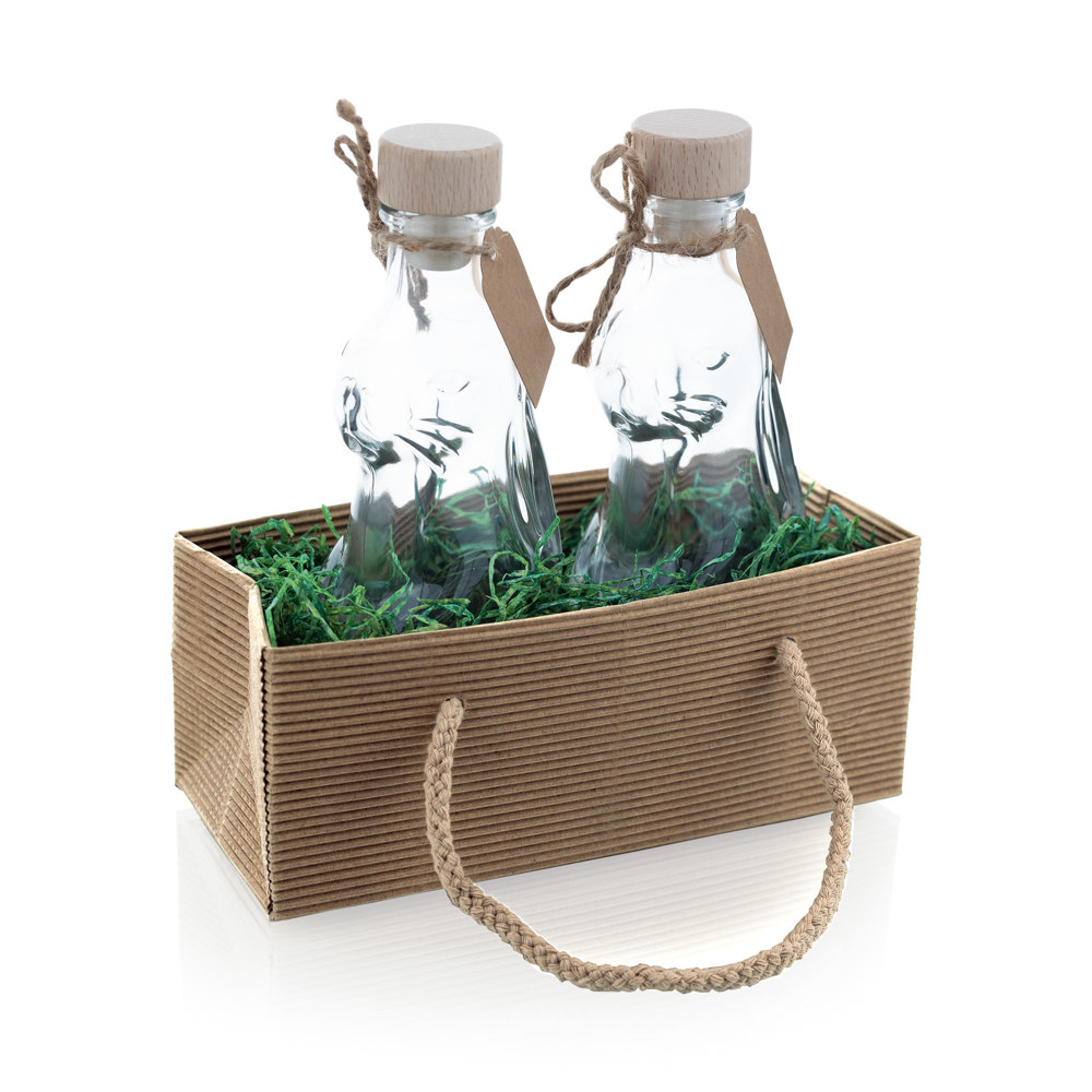 Osterset - Hasenflaschen-Duo (200ml) mit Holzgriffkorken, Etiketten, grünem Gras und Geschenktasche - Flaschenbauer
