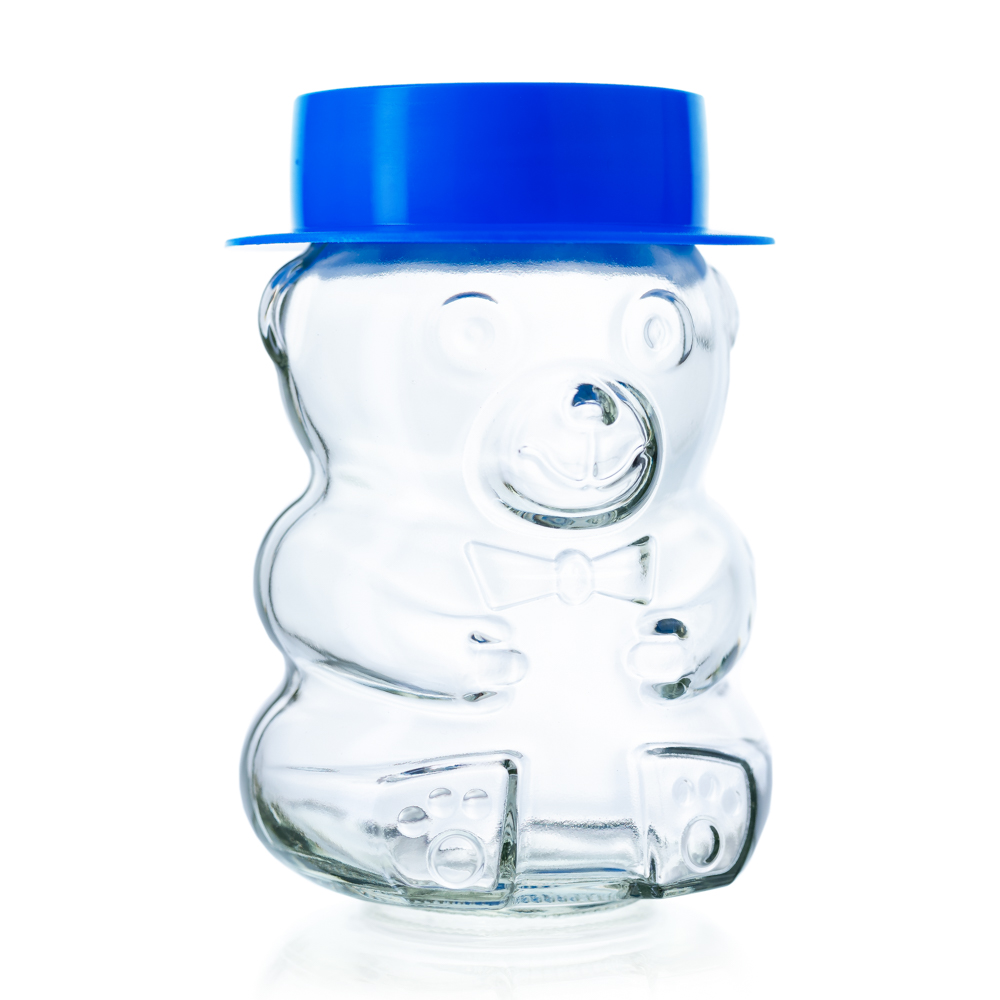 Glas Honigbär - Honigglas in Bärchen-Form - 287 ml - TO 58 mm - mit blauem Hütchen - Flaschenbauer
