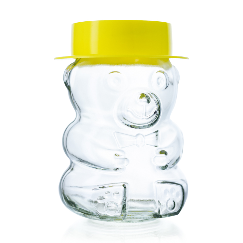 Glas Honigbär - Honigglas in Bärchen-Form - 287 ml - TO 58 mm - mit gelbem Hütchen - Flaschenbauer